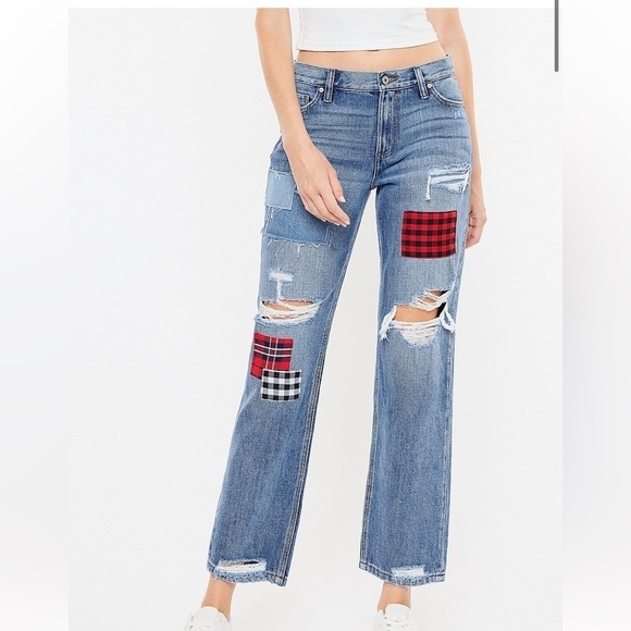 KANCAN HIGH RISE BOYFRIEND STRAIGHT SLOUCHY PATCH JEANS SIZE 10 NWT - Picture 2 of 10